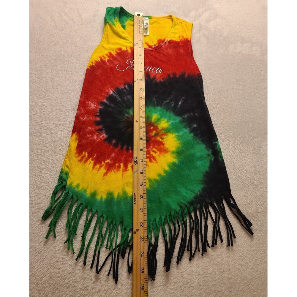 Jamaica Tie Dye Fringe Tank Top Rasta Rhinestone Sleeveless Women's Shirt Large - Picture 7 of 13